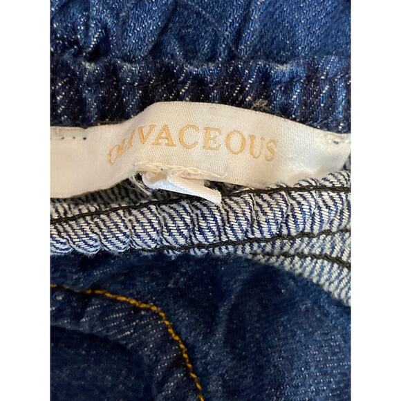 Olivaceous Blue Short Puff Sleeve Chambray Denim Jean Ruffle A Line Mini Dress L - Picture 3 of 4